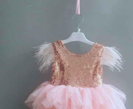 Fashion Princess Baby Feather Dress Birthday Party Toddler Girl