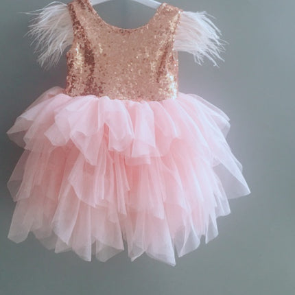 Fashion Princess Baby Feather Dress Birthday Party Toddler Girl